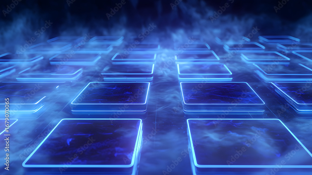 Poster illuminated grid in a futuristic setting: a network of luminous squares with glowing edges, emerging