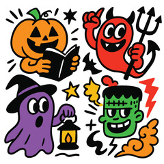 Halloween pumpkin reading book, red devil, purple ghost with lantern, green monster