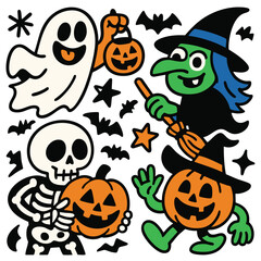 Cartoon ghost, skeleton, witch, and pumpkin with bats and stars, Halloween theme, cheerful style