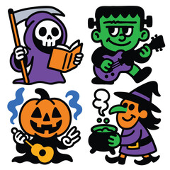 Grim reaper Frankenstein pumpkin witch cartoon Halloween guitar cauldron cheerful