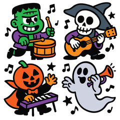 Cartoon monster, skeleton, pumpkin, ghost play music together, joyful Halloween band scene