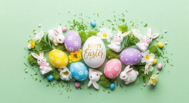 A Beautiful Spring Easter Celebration Filled with Colorful Eggs and Adorable Bunnies - Powered by Adobe