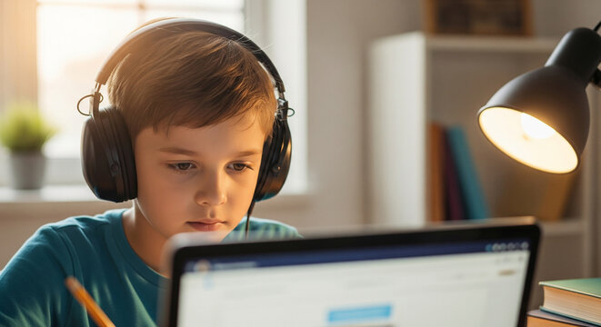 A young boy wearing headphones is focused on his laptop, studying or attending an online class at home.
