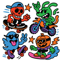 Skull character skateboarding, dog riding motorcycle, ghost roller skating, pumpkin snowboarding