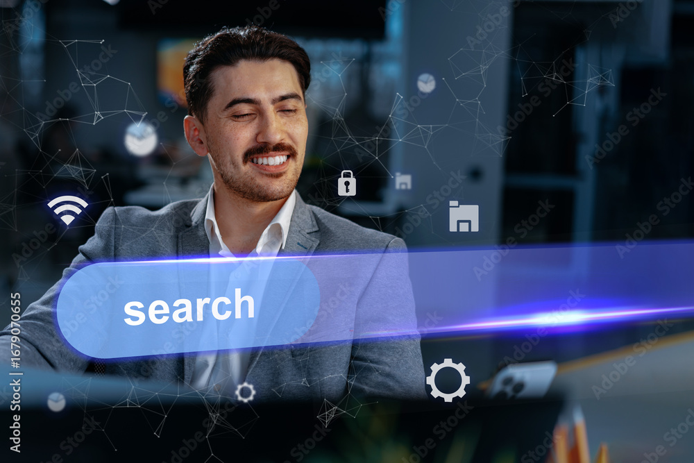 Poster professional man engaging with digital interface while searching for information in modern office se