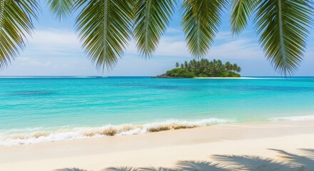 Beautiful Tropical Island Paradise Beach with Palm Leaves and Turquoise Ocean