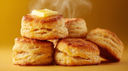 Fototapeta premium A golden sweet potato biscuits stacked with pat of butter melting, soft backlight, mustard yellow backdrop