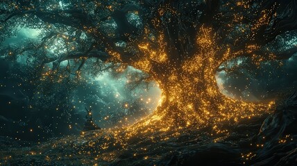 Majestic glowing tree in an enchanted forest, radiatng warmth and magic, perfet for fantasy-themed projets and nature-inspired desgns.