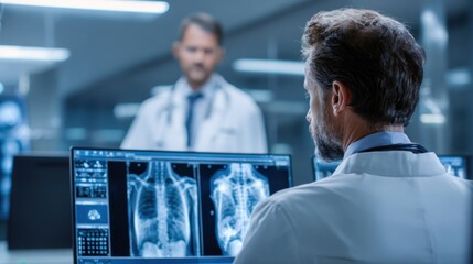 A healthcare professional examines chest X-ray images on a computer screen in a well-lit medical office. Another doctor stands in the background, observing the analysis.