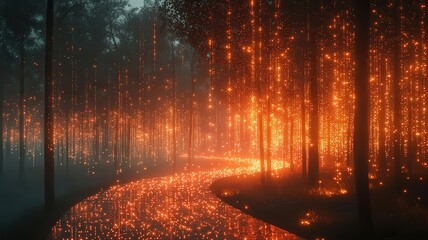 Enchanting forest pathway illuminated by glowing embrs, creating a magical andserene atmosphere perfect or nature-themed projects.