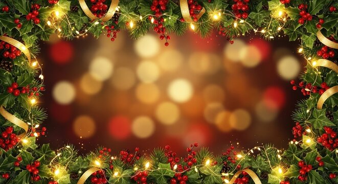 Beautiful Christmas Wreath Border with Festive Holiday Lights and Bokeh Background