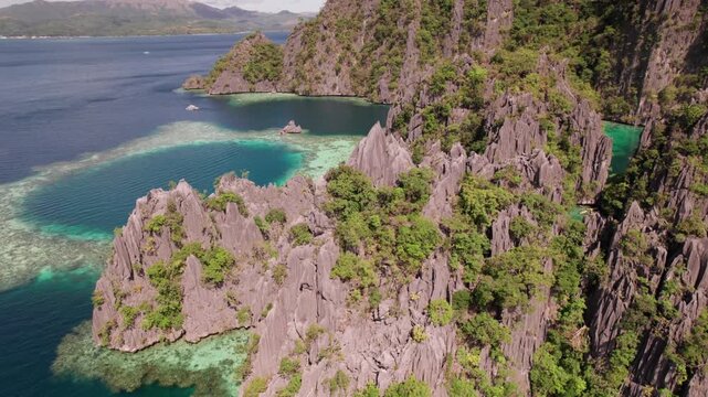 Drone Shot of Twin Lagoon and Limestone Rocks on Coast of Coron Island, Palawan, Philippines