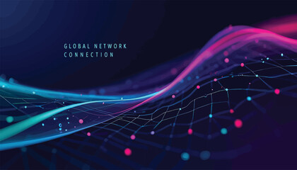 Abstract Global Network Connection with Glowing Wave Lines and Dot Grid