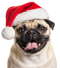 a happy pug dog with a red santa hat and open mouth