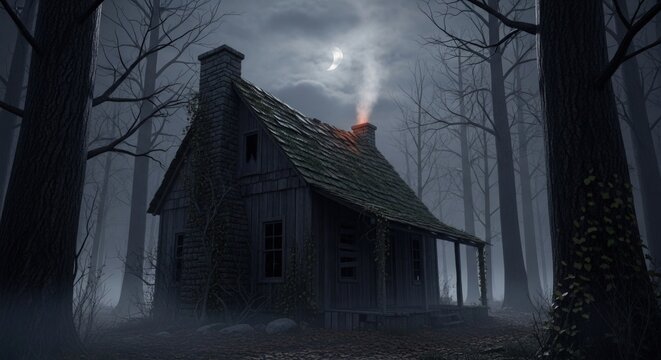 An old wooden cabin deep in a dark forest under eerie moonlight, smoke rising from the chimney on a foggy Halloween night