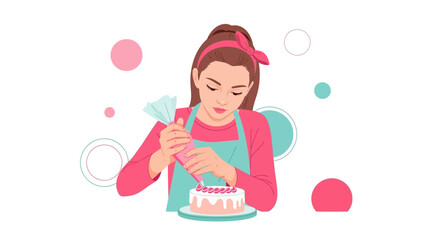Young Woman Decorating A Cake With Icing, Sweet And Delicate Baked Dessert Isolated