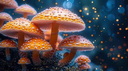 Vibrant orange mushrooms glistening with dew in a mytical forest setting, creaing an enchanting atmosphee perfect for nature-theme projects.