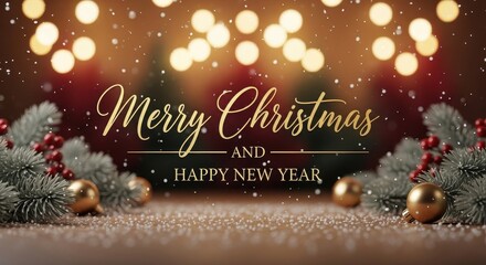Festive Merry Christmas and Happy New Year Celebration with Glittering Lights and Ornaments