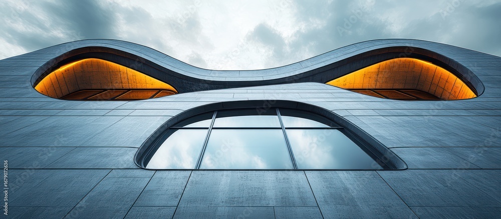 Poster Modern building facade with curved windows and illuminated recesses.