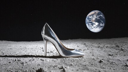 A shiny high-heeled shoe sits on the gray moon surface, its metallic finish contrasting with the stark landscape and Earth visible in the distance, creating a surreal scene.