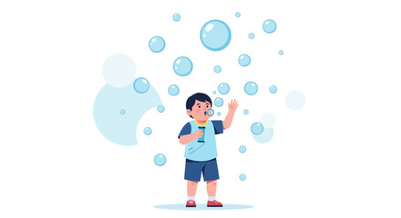 Fototapeta premium A Cheerful Boy Blowing Soap Bubbles, Having Fun and Playing on a White Background