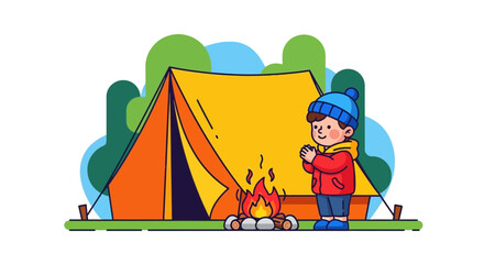 Fototapeta premium A Cheerful Camper Boy Warms Himself By A Cozy Campfire Near The Camping Tent