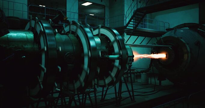 A remarkable display of engineering takes place as a turbine engine ignites, producing a vibrant flame in a cutting edge laboratory. The intricate machinery reveals the power of modern technology.