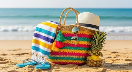 Vibrant Beach Bag With Tropical Fruit And Summer Accessories On Sandy Shore