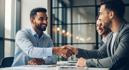 In a professional and formal setting, a young Indian business owner man is seen shaking hands firmly with a male partner