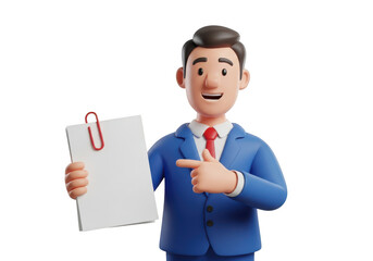 Friendly cartoon businessman in blue suit holding and pointing to a blank document isolated on transparent background
