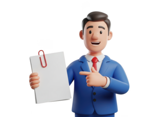Friendly cartoon businessman in blue suit holding and pointing to a blank document isolated on transparent background