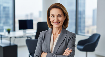 Happy elegant older mature lady posing for portrait standing in office. Beautiful middle aged business woman looking at camera, smiling 45 years old businesswoman leader executive at work closeup