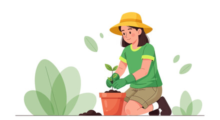 Young woman planting a seedling in a pot, gardening and taking care of plants with love