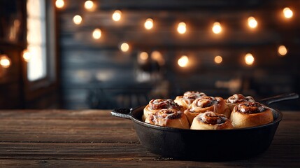 A rustic kitchen scene with cinnamon rolls in a cast iron skillet, dark charcoal walls, glowing string lights in background
