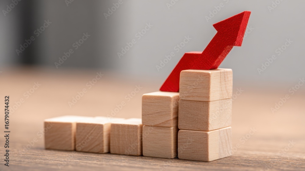 Poster wooden blocks stacked to form a bar graph with a red arrow pointing upward, illustrating positive gr