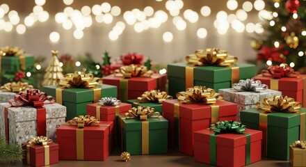 Festive Season Presents Wrapped in Red Green and Silver Paper with Gold Ribbons