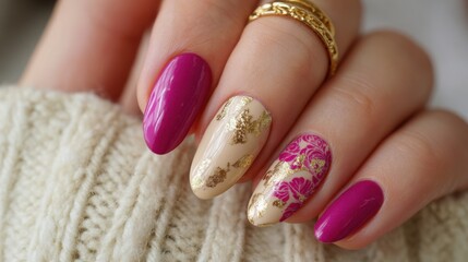 A hand showcases an intricate nail art design featuring vibrant pink, gold accents, and floral patterns. The cozy sweater adds warmth to the overall aesthetic.