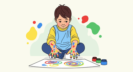 Fototapeta premium A child is painting with his hands using colorful paints on a white sheet