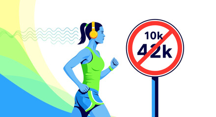 Young Woman Runs Past a 42K Sign Concentrating on the Shorter Distance