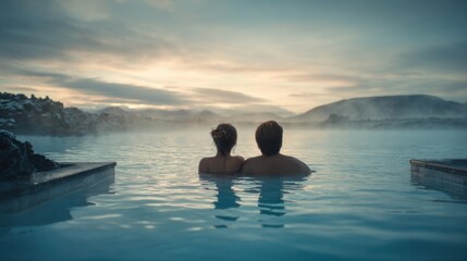 A couple enjoys a peaceful moment in a steaming hot spring, surrounded by a serene landscape as the sun sets, casting beautiful colors across the sky.