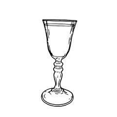 Glass of limoncello on thin stem with slice of lime, black and white ink sketch. Vector illustration. Classic cocktail glass for liqueur isolated on white background. For menu, recipes, cocktail list