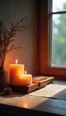 Candles illuminate a serene space, soft light casting peaceful shadows on a meditation altar Perfect for themes of mindfulness, inner peace, and spiritual practice , spiritual, glow, zen