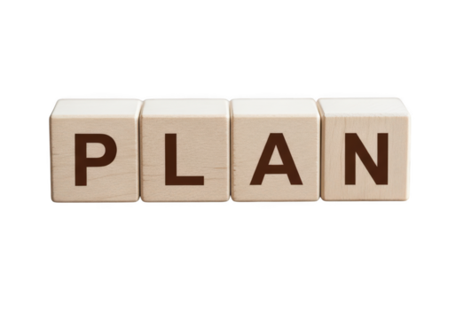 Four wooden blocks spelling out the word plan isolated on transparent background