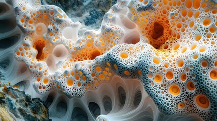 Abstract close-up of vibrant coral textures with orage and white bubbles, showasing natures intricate beuty and perfect for marinethemed designs.