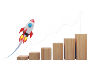 Toy rocket launching upwards alongside a wooden block bar graph indicating financial growth isolated on transparent background