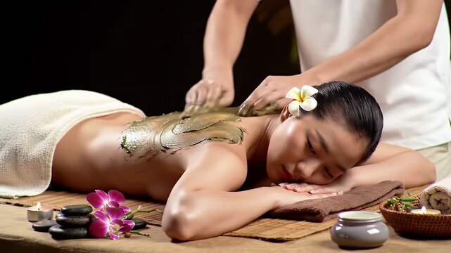 Woman Relaxing with Mud Body Wrap at Spa In Dim Light With Aromatherapy Candles and Flowers  Perfect for Wellness and Health Content Promotion and Self-Care Concept
