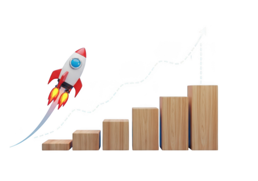 Toy rocket launching upwards alongside a wooden block bar graph indicating financial growth isolated on transparent background