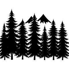Fototapeta premium A forest f pine trees silhouette with misty mount