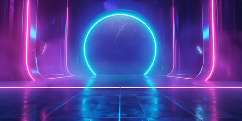 Neon-lit corridor with cyan circle center, pink vertical lines, reflective floor, purple haze, futuristic immersive perspective