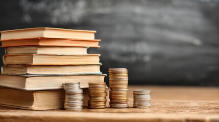 Stacks of books sit next to increasing piles of coins on a rustic wooden table, with a chalkboard in the background. This setup emphasizes the connection between knowledge and finance.